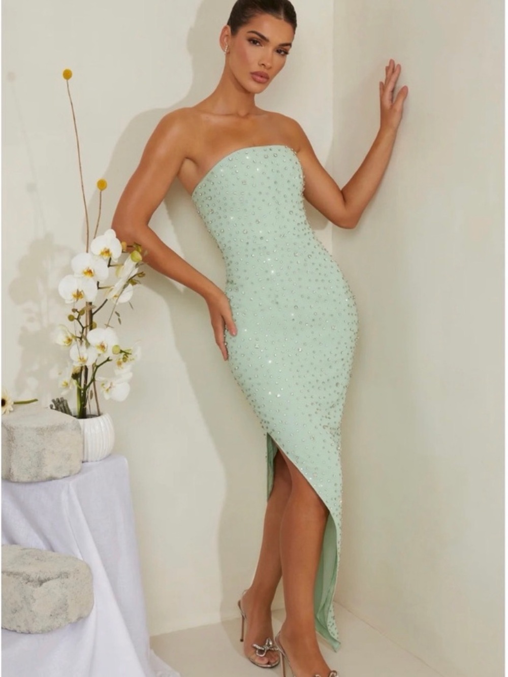 Strapless Mint Green Embellished Midi Dress